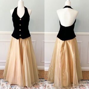 NWT80s Retro Victorian Ball Gown Party Dress Two Tone Velvet Gold Glitter Sz 12